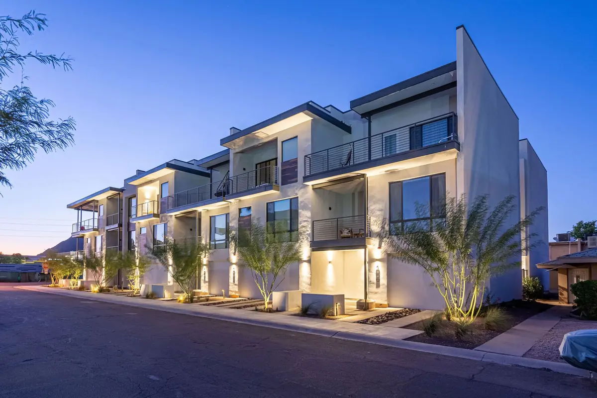 MZ II net-zero townhomes in Downtown Scottsdale at twilight